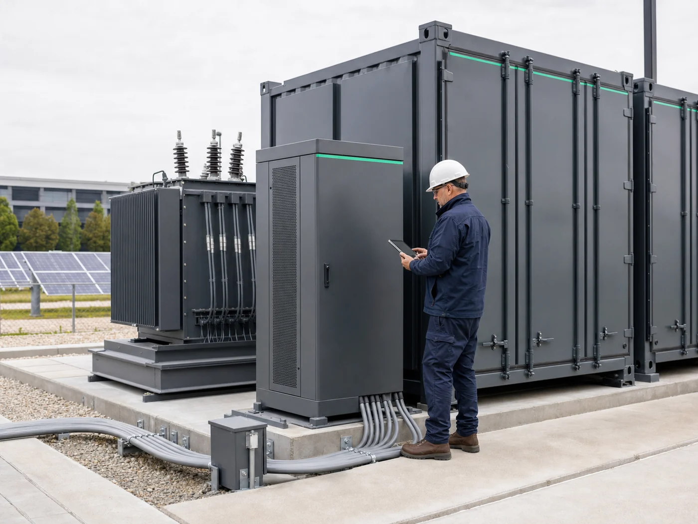 Electrical engineer reviewing a commercial BESS installation beside PCS and transformer equipment