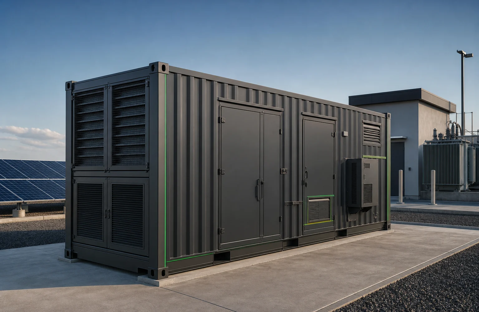 Premium graphite containerized BESS installed beside solar generation and transformer equipment