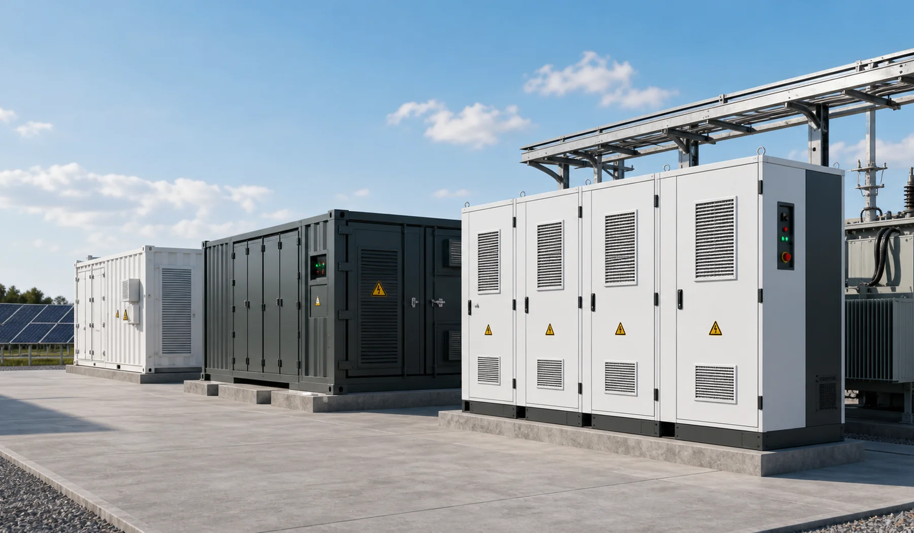 Industrial battery energy storage cabinets installed beside solar generation and grid equipment